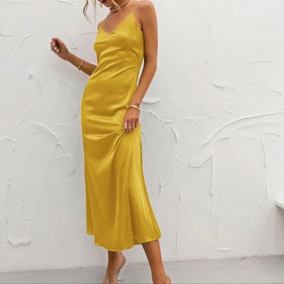 Dresses | S Yellow Satin Maxi Dress | Poshmark